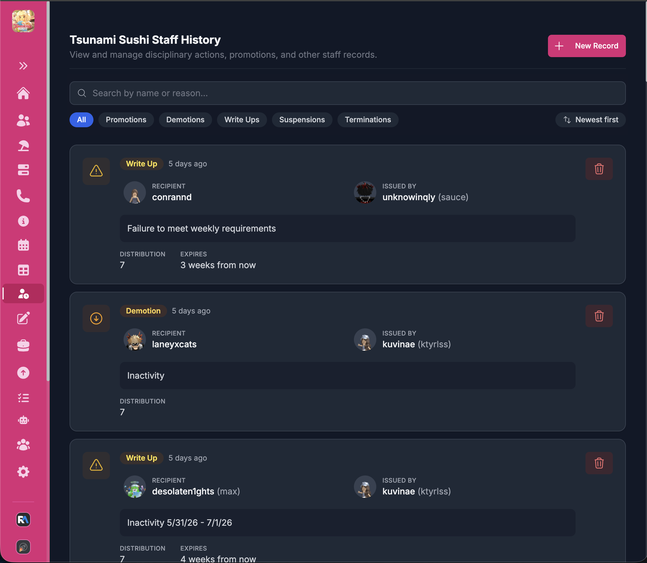 ReAdmin staff management view with full action history