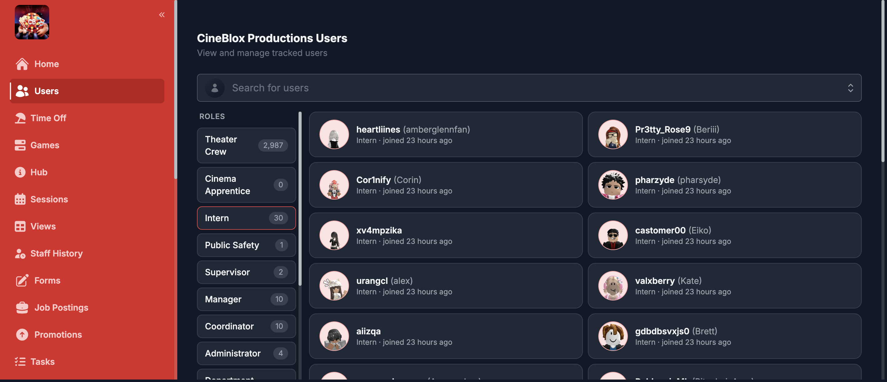 ReAdmin users directory organized by role with Roblox avatars